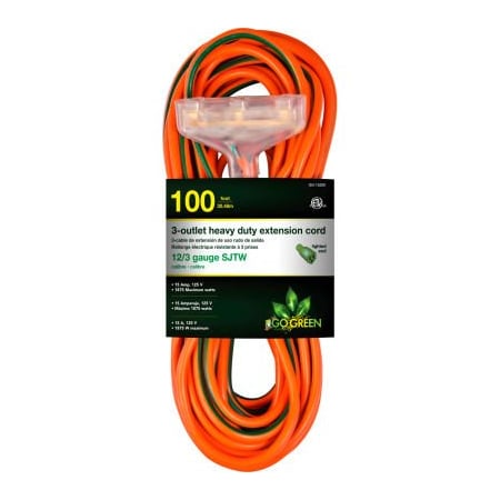 Gogreen SJTW Extension Cord, 12 AWG, Outdoor, 12/3, 3 Outlets, Orange, 100 ft GG-15200